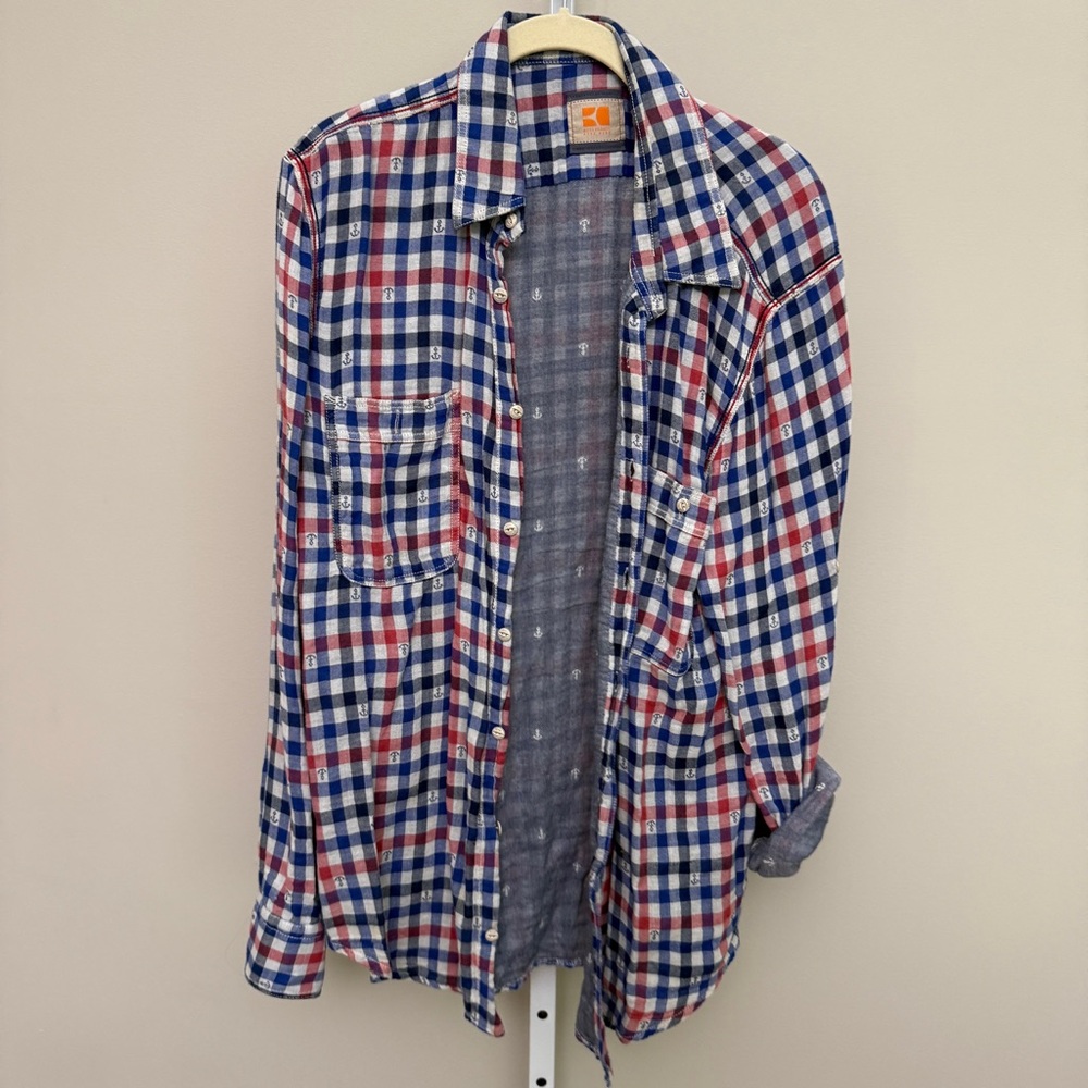 Hugo Boss Orange Mens Red Navy Long Sleeve Button Up Size L - Picture 1 of 4